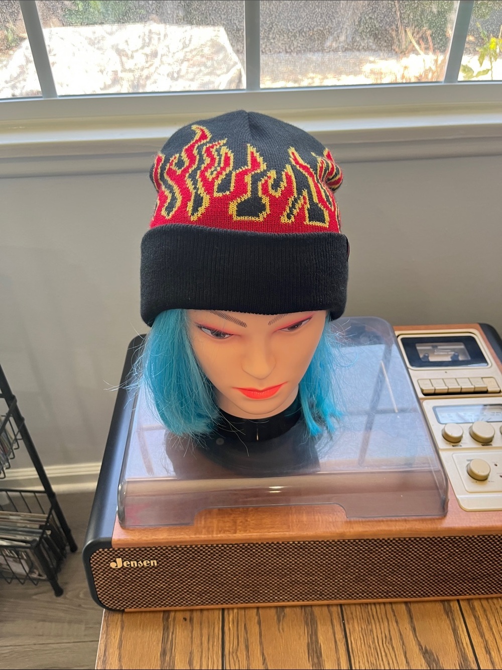 Black Beanie with Flame Design